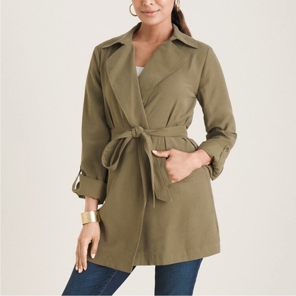 NWT Chicos Jacket Trench Coat Size Medium Green Long Tencel Fall Lightweight - Picture 1 of 11